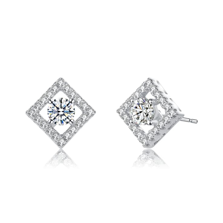 CZ Halo Stud Earrings In White Rhodium Over Brass