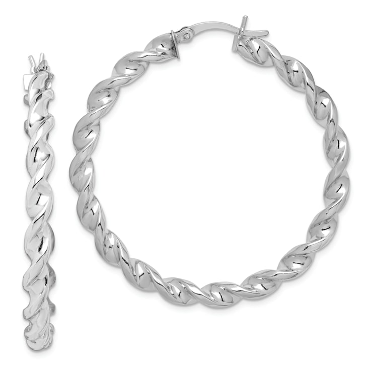 Rhodium Over Sterling Silver Twisted 3.5x45mm Hoop Earrings