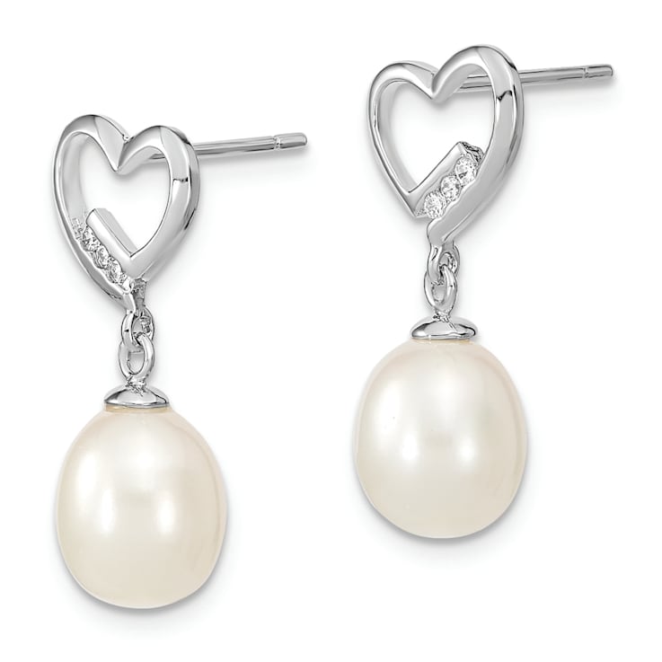 Rhodium Over Sterling Silver 7-8mm Rice Freshwater Cultured Pearl Cubic
Zirconia Heart Earrings
