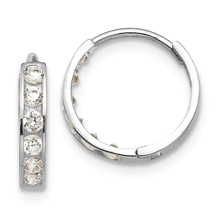 Rhodium Over 14K White Gold Cubic Zirconia Children's Hinged Hoop Earrings