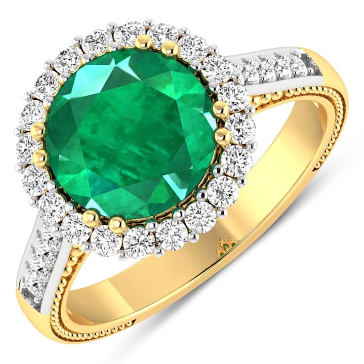 Round Green Emerald and Diamond 14K Yellow Gold Halo Ring 3.29 ctw