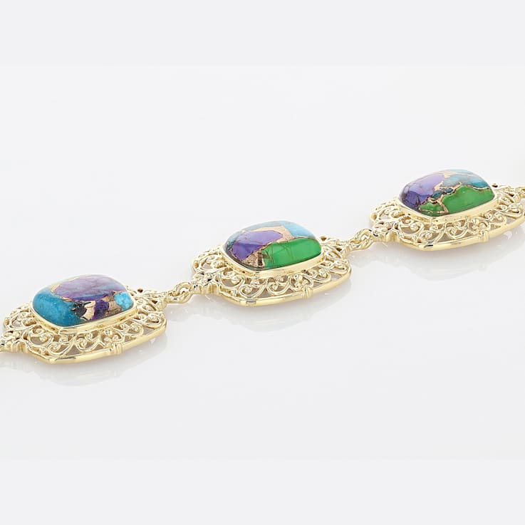 Multi-Color Blended Turquoise and Filigree Toggle Bracelet In 18K Gold
Over Sterling Silver