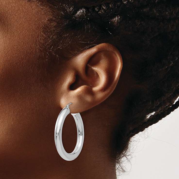 Rhodium Over 14k White Gold 1 3/8" Polished Tube Hoop Earrings
