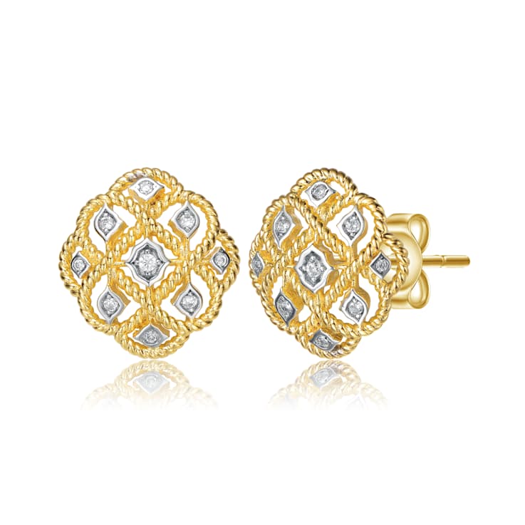 Two-Tone CZ Stud Earrings In 14K Gold Over Brass And Rhodium Over Brass