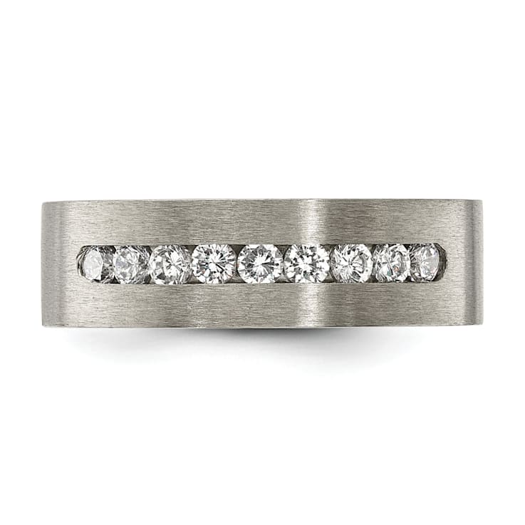 White Cubic Zirconia Titanium Flat 7mm Men's Band Ring