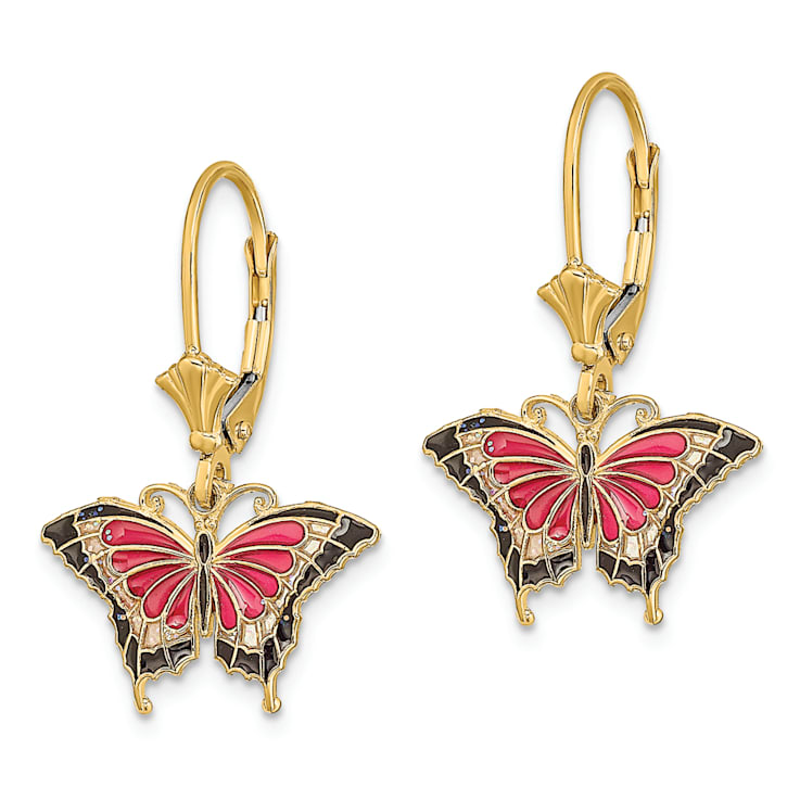 14k Yellow Gold Butterfly with Pink and Black Enameled Wings Dangle Earrings