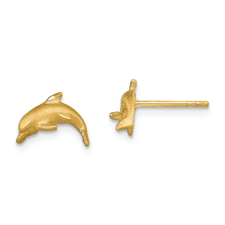 14k Yellow Gold Satin and Diamond-Cut Dolphin Stud Earrings