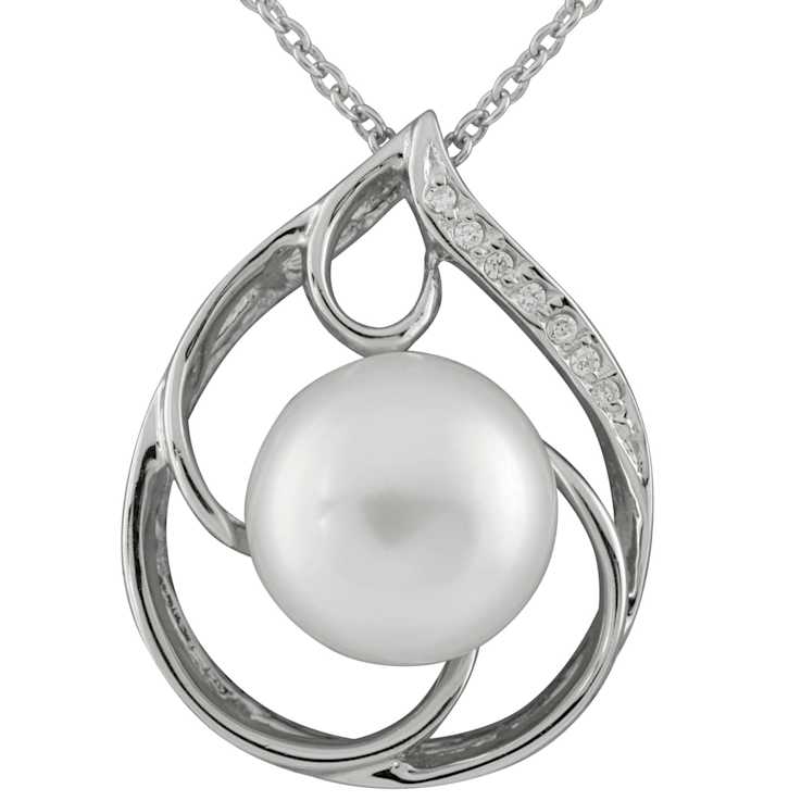 10-11mm Button White Cultured Freshwater Pearl and CZ Rhodium Over
Sterling Silver Pendant
