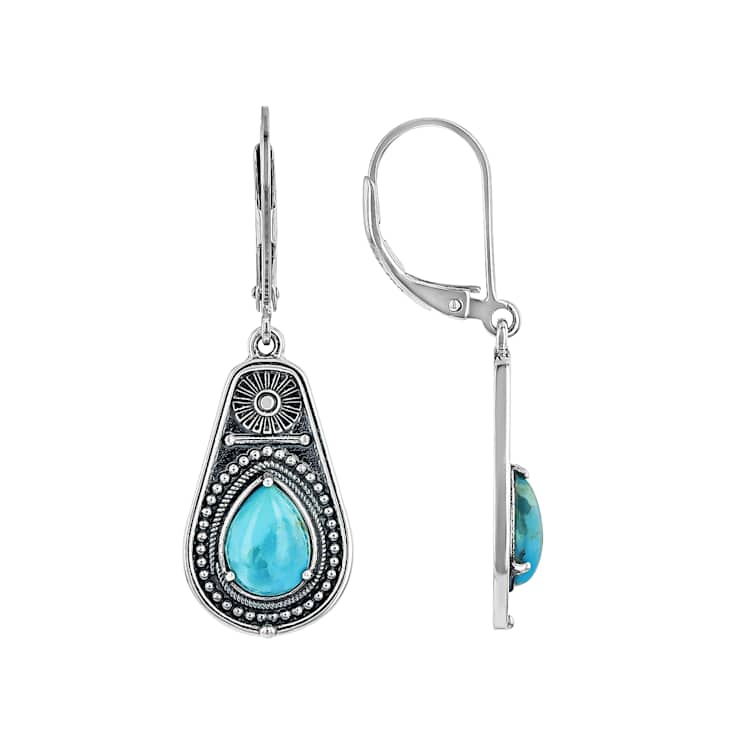 Turquoise Oxidized Sterling Silver Solitaire Earrings 8x6mm