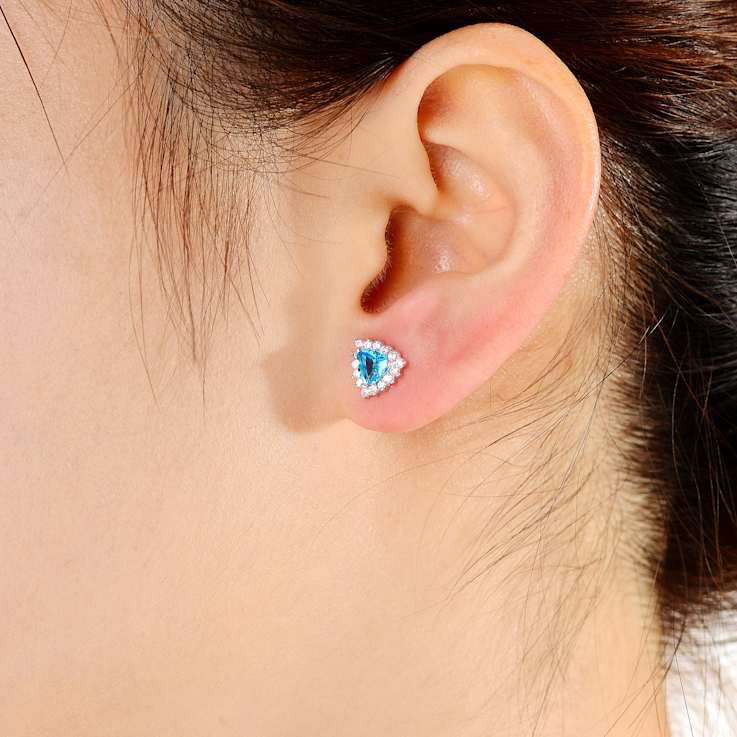 Blue Topaz Color CZ Triangle Stud Earrings In Sterling Silver