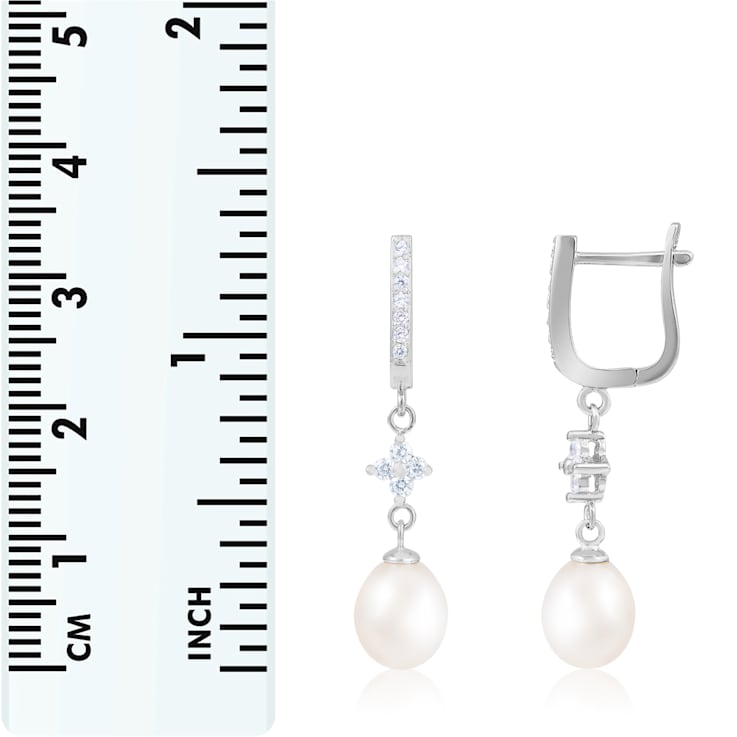 7-8mm White Cultured Freshwater Pearl and Cubic Zirconia Rhodium Over
Sterling Silver Earrings