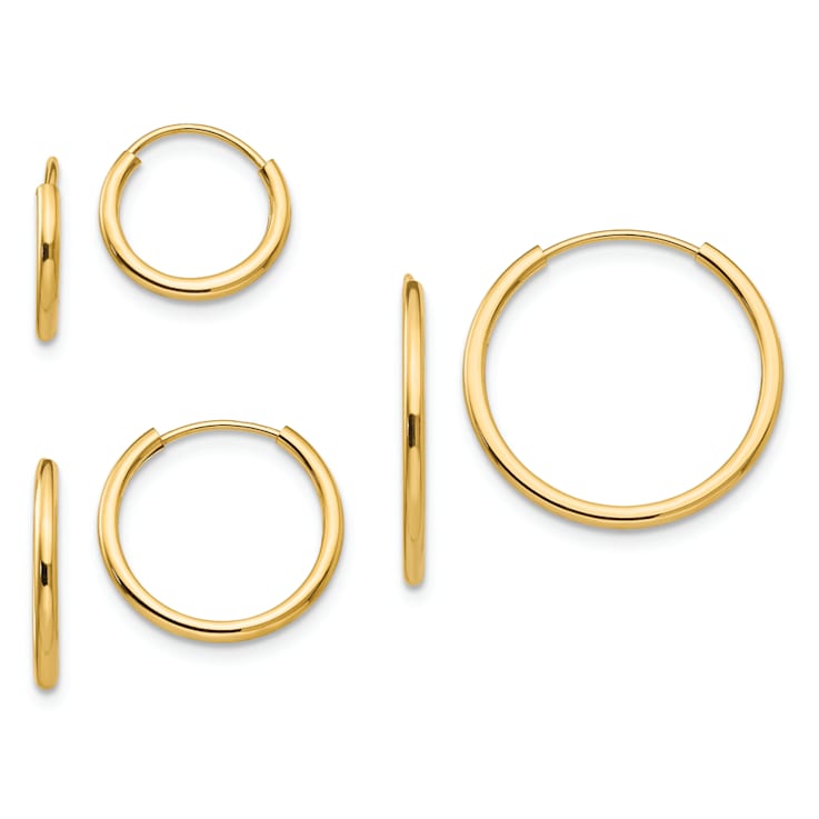 14K Yellow Gold Polished Endless Hoop 3 Pair Earring Set