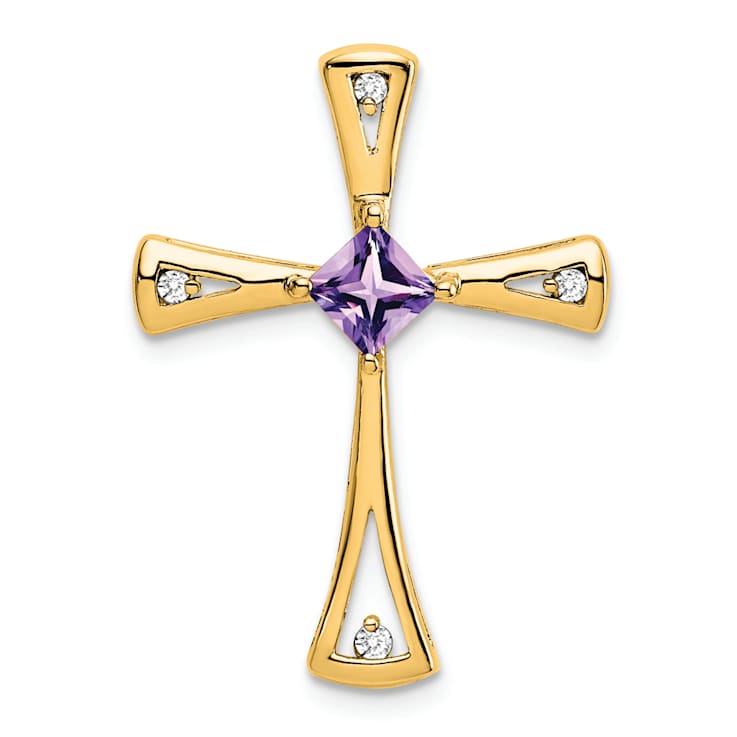 10k Yellow Gold 0.29 cttw Amethyst and Accent Diamond Cross Pendant