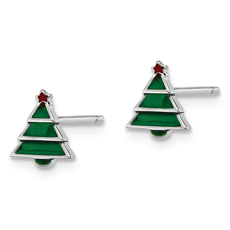 Rhodium Over Sterling Silver Enamel Christmas Tree Post Earrings