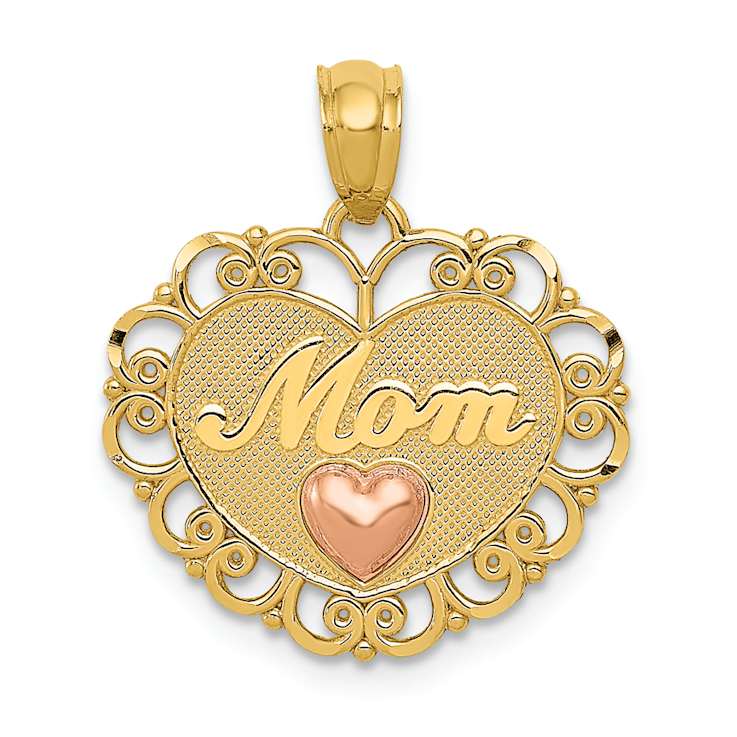 14K Two-tone Gold  Textured Mom in Heart Pendant