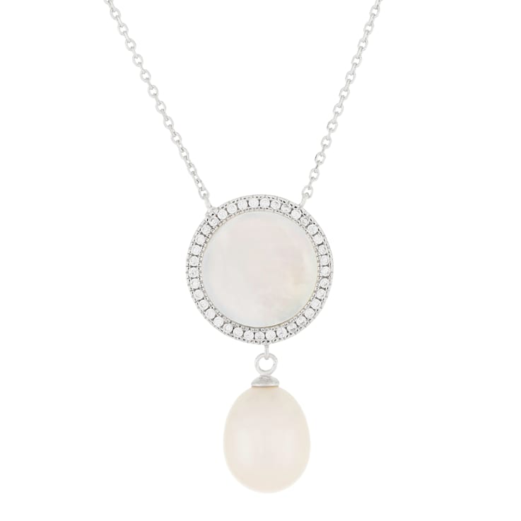 Cultured Pearl, Mother of Pearl and CZ Necklace in Sterling Silver