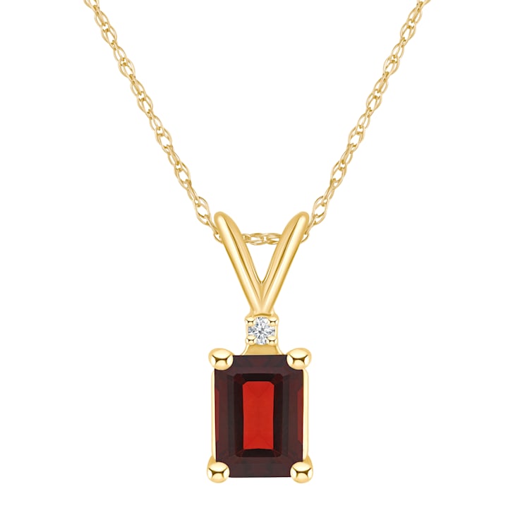 7x5mm Emerald Cut Garnet with Diamond Accent 14k Yellow Gold Pendant
With Chain