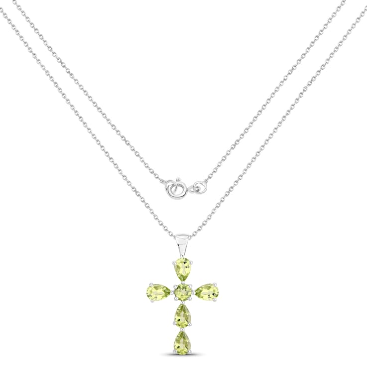 Green Peridot Rhodium Over Sterling Silver Cross Pendant With Chain