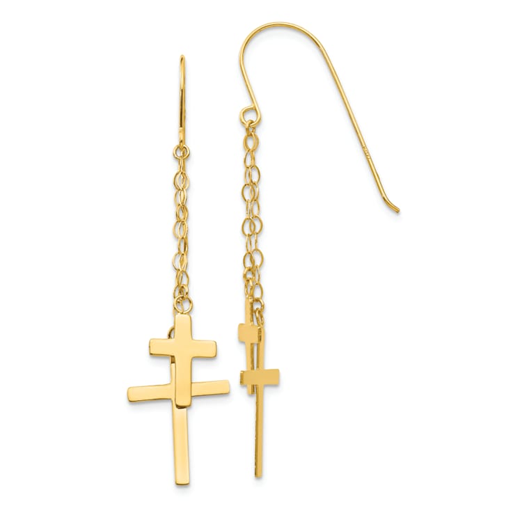 14k Yellow Gold Chain Cross Dangle Earrings
