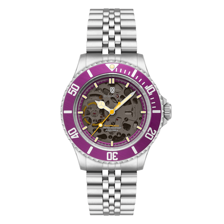 Duxot Atlantica Skeleton Diver Purple Dial White Bezel White Stainless
Steel Band Automatic Watch