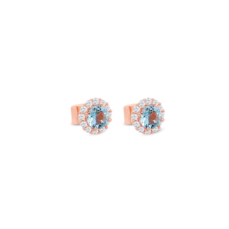 Aquamarine and CZ Round 18K Rose Gold Over Sterling Silver Button
Earrings, 1.47ctw