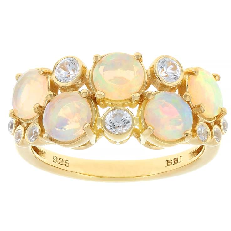 Multi-Color Opal And White Zircon Ring In 18K Gold Over Sterling Silver 1.21ctw