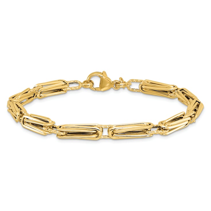 14k Yellow Gold 4.6mm Polished and Textured Fancy Link Bracelet