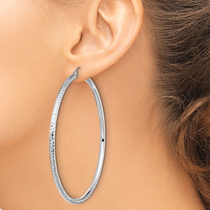 Rhodium Over 14k White Gold 2 13/16" Diamond-Cut Hoop Earrings