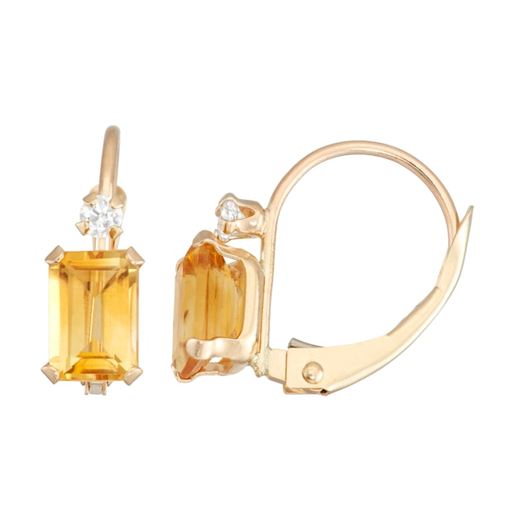 Octagon Citrine and White Zircon 10K Yellow Gold Dangle Earrings 1.10ctw