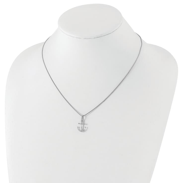 Rhodium Over Sterling Silver White Ice Diamond Anchor Necklace