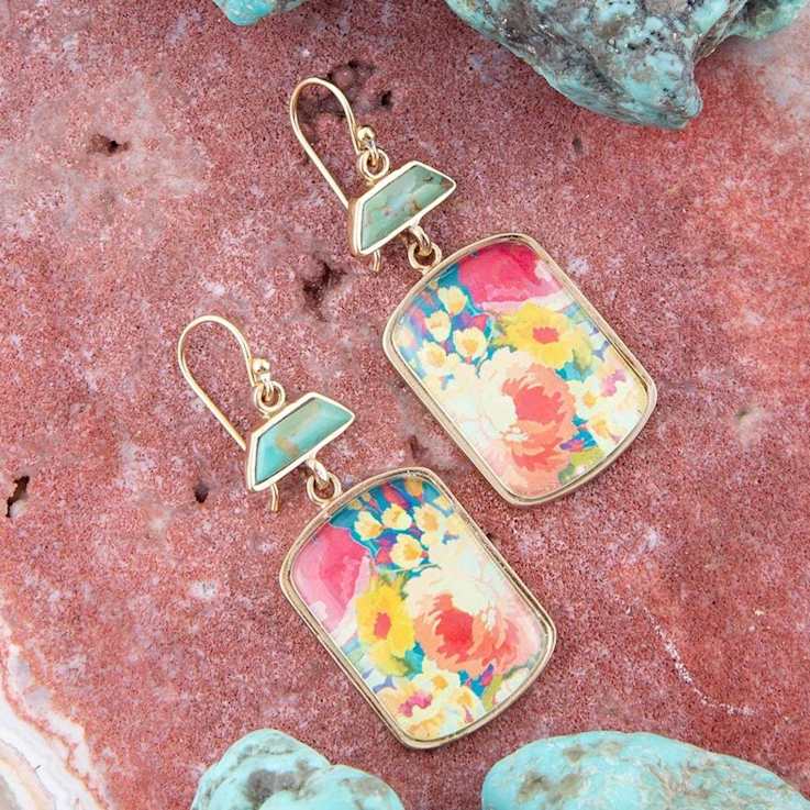 Barse Jewelry Blue Composite Turquoise Gold Tone Scenic Floral Earrings