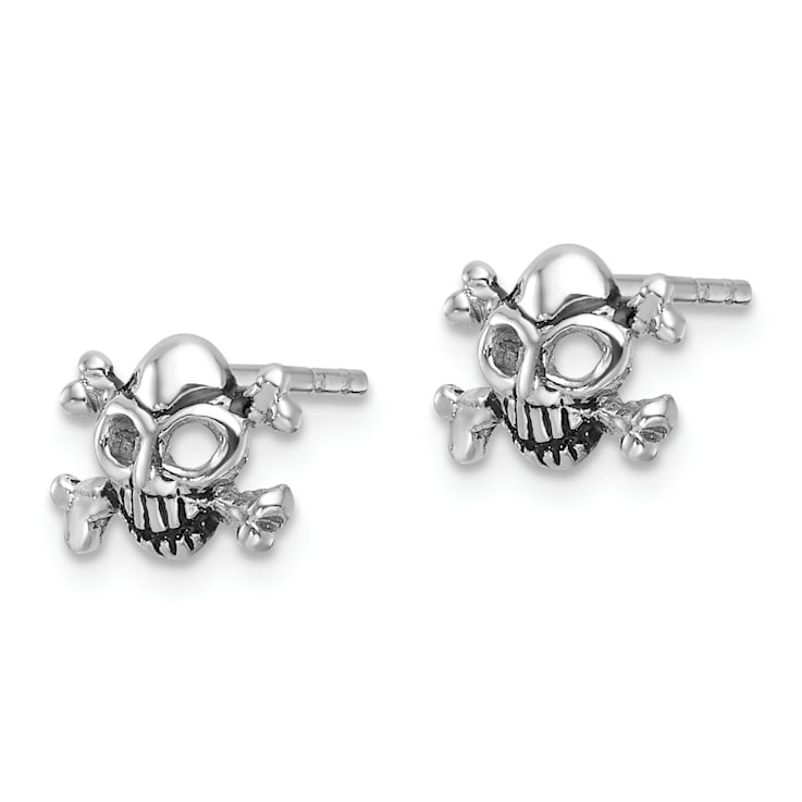 Rhodium Over Sterling Silver Antiqued Skull and Crossbones Post Earrings