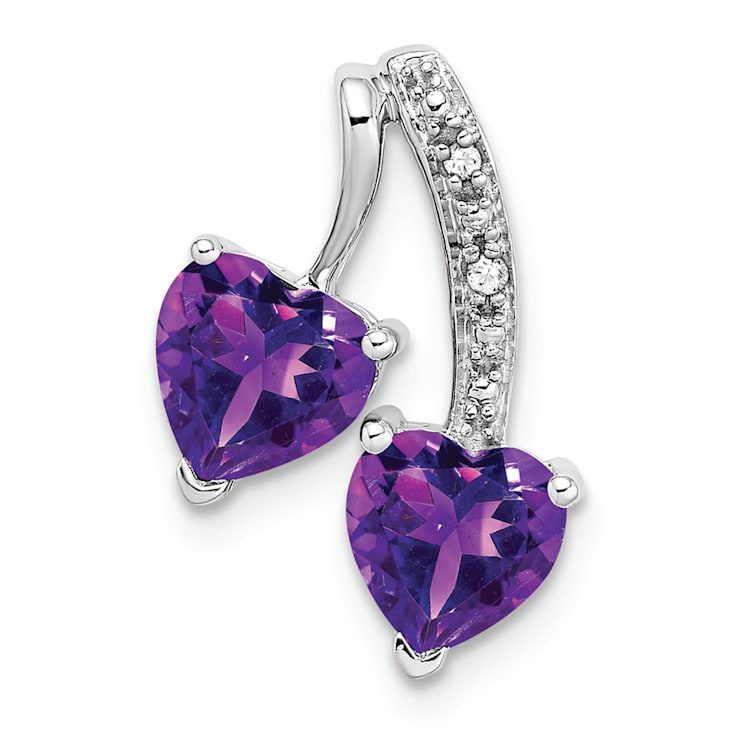 Rhodium Over 14k White Gold Amethyst and Diamond 2-Heart Pendant
