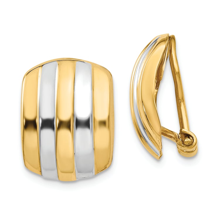 14k Yellow Gold and Rhodium Over 14k Yellow Gold Ribbed Non-pierced
Omega Back Earrings