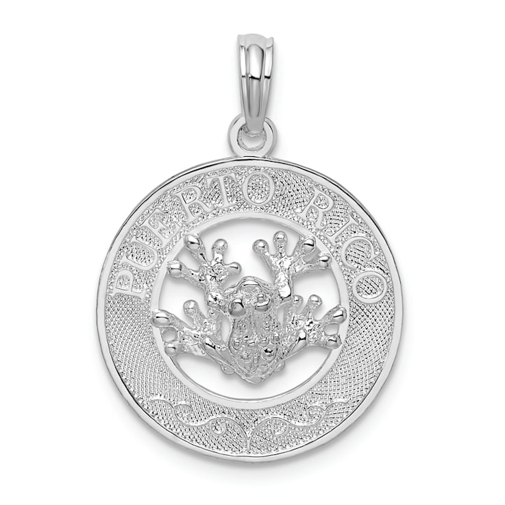 Rhodium Over Sterling Silver Polished Puerto Rico Circle Frog Pendant