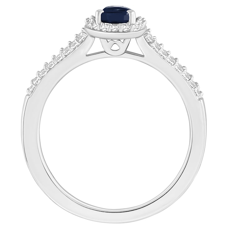 6x4mm Oval Sapphire 1/4 ctw Diamond Rhodium Over Sterling Silver Halo Ring