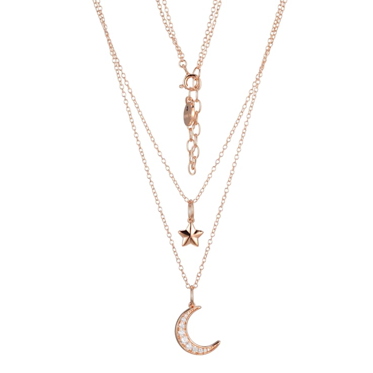 White Cubic Zirconia 18k Rose Gold Over Sterling Silver Moon and Star
Layered Necklace 0.36ctw