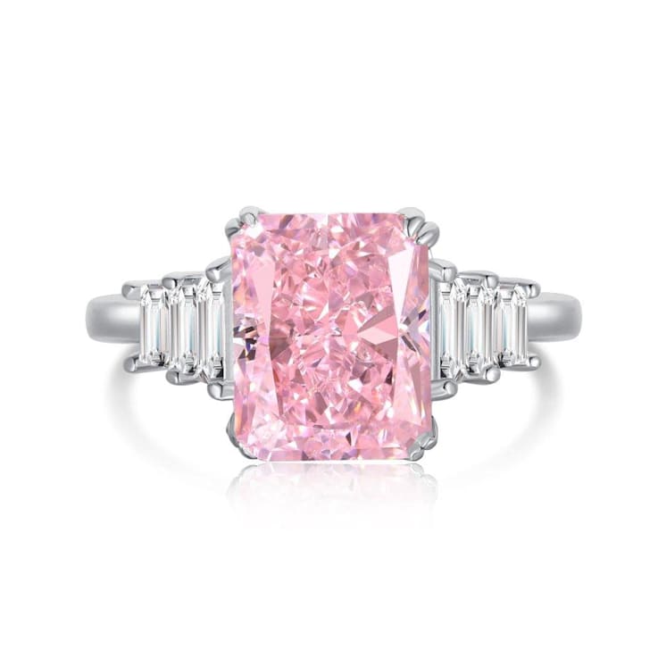 Radiant Cut Pink CZ and Baguette White Cubic Zirconia Sterling Silver Ring