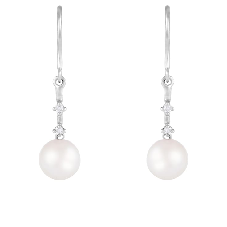 7-7.5mm Akoya Pearl with Diamond Accent 14K White Gold Dangle Earrings, 0.08ctw