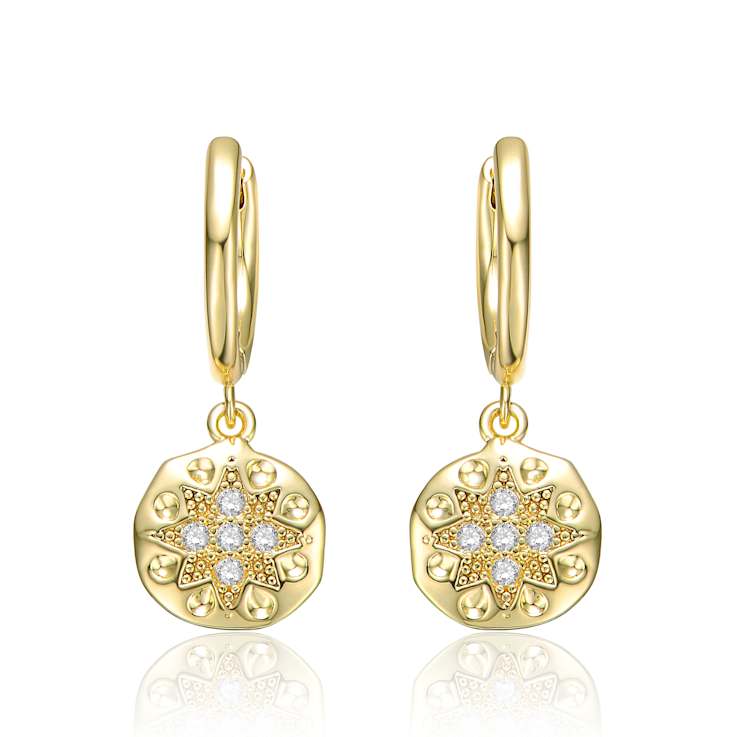 CZ Star Medallion Dangle Earrings In 14K Gold Over Brass