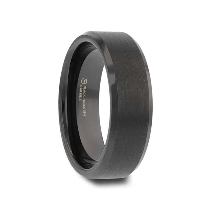 ELISE Black Tungsten Ring with Polished Beveled Edges and Brush Finished
Center 7mm
