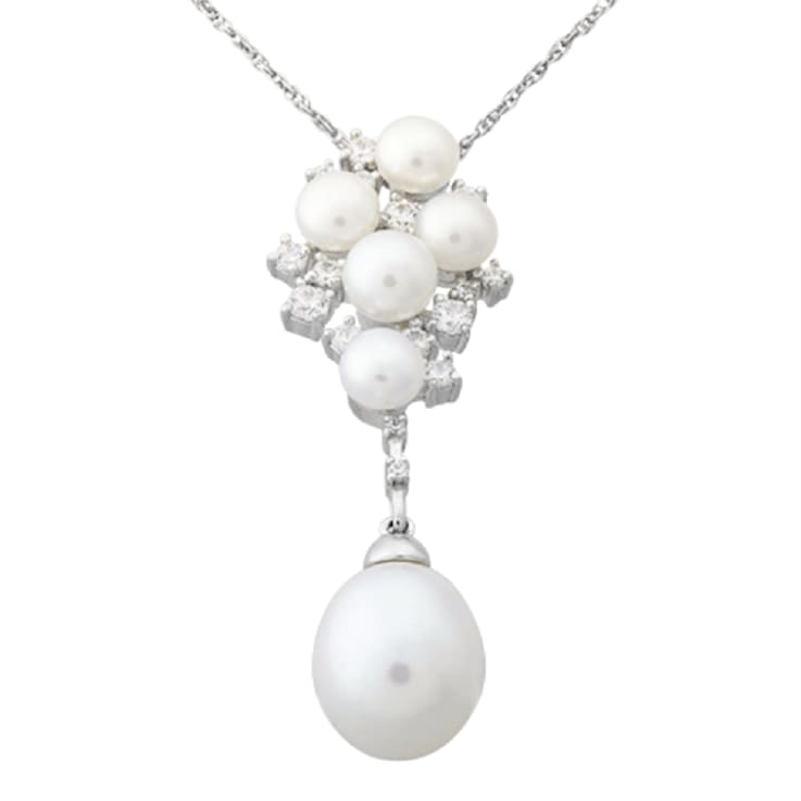 White Freshwater Pearl and Cubic Zirconia Sterling Silver Cluster Drop
Pendant with Chain
