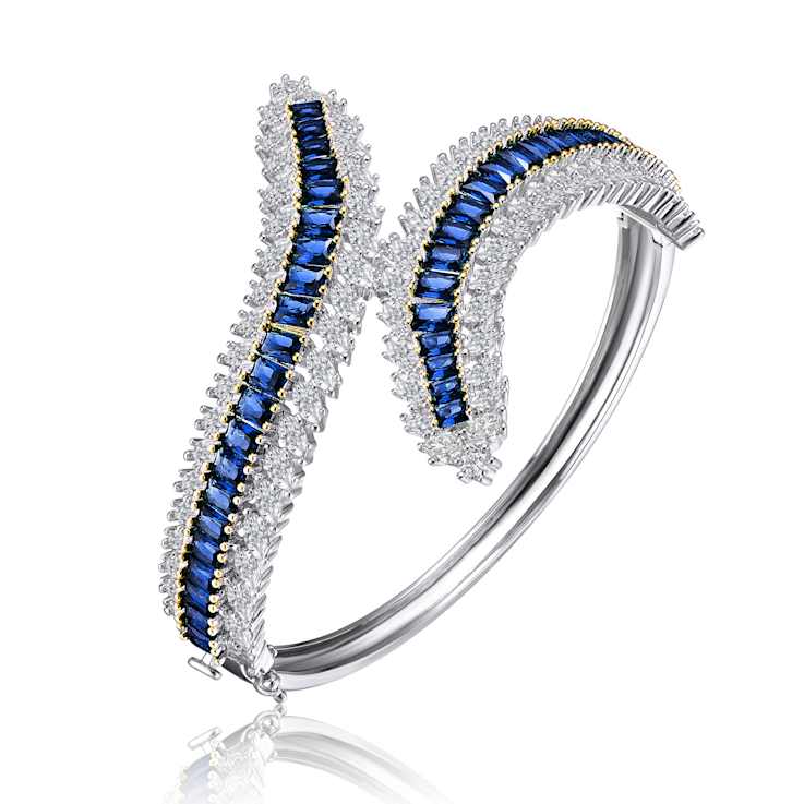 Sapphire Color CZ Station Bangle Bracelet In Sterling Silver