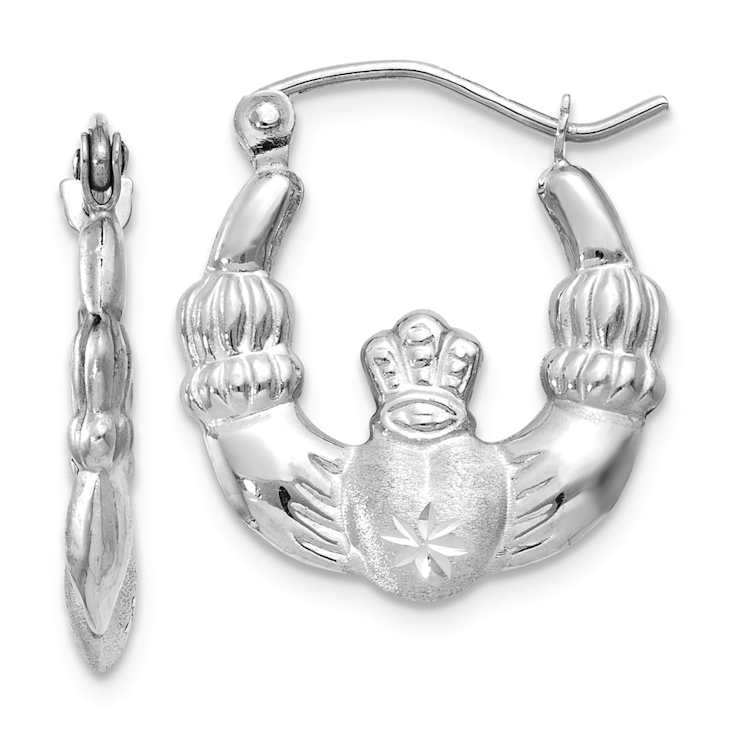 Rhodium Over 14k White Gold 11/16" Satin and Diamond-cut Claddagh
Hoop Earrings
