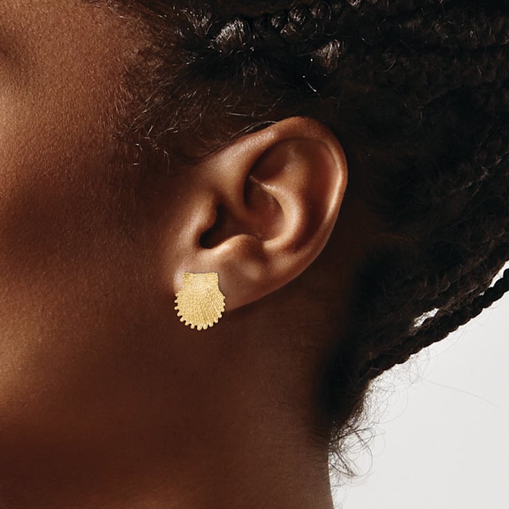 14K Yellow Gold Beaded Textured 13.4mm Scallop Shell Stud Earrings