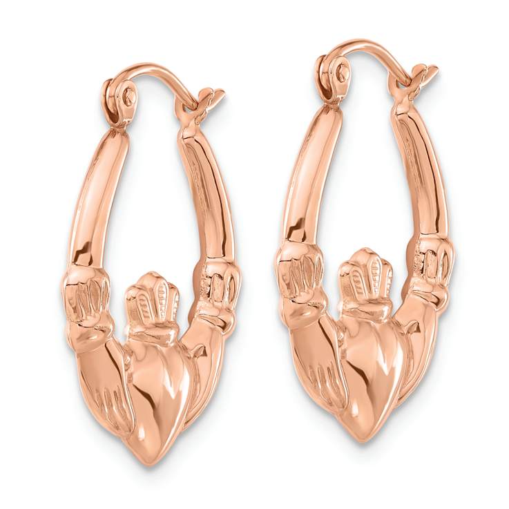 14k Rose Gold Polished 7/8" Claddagh Hoop Earrings