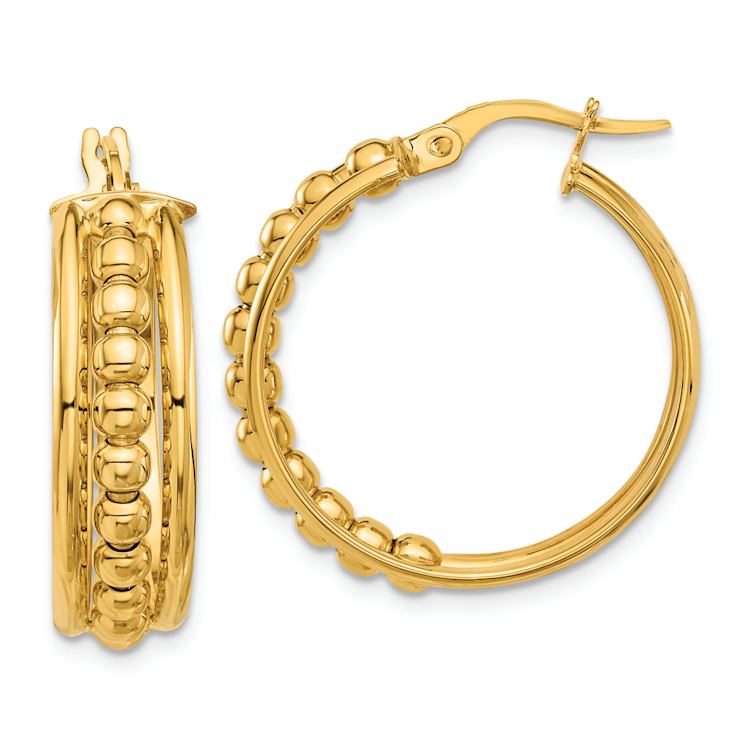14k Yellow Gold 1" Polished and Beaded Hoop Earrings