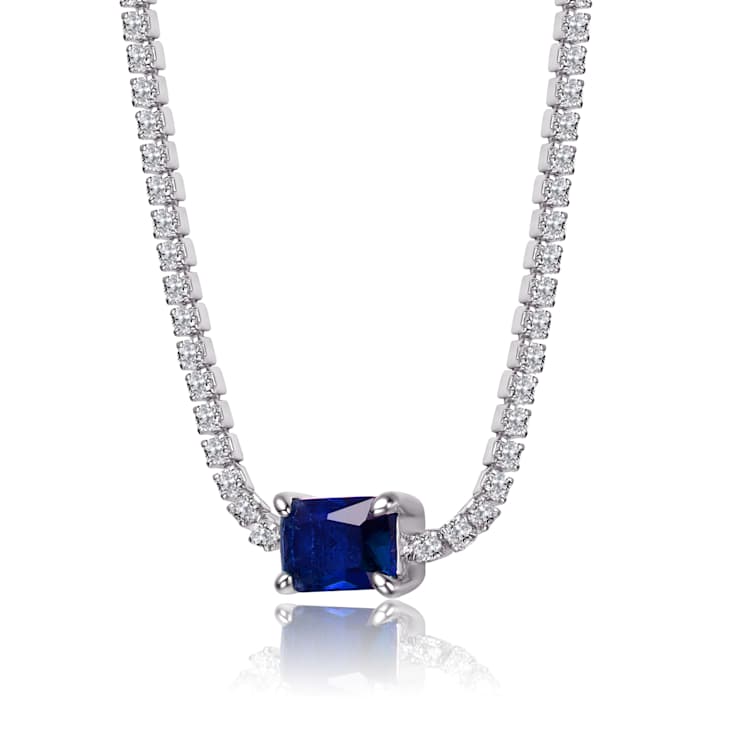 Sapphire Color CZ Solitaire Necklace In Sterling Silver