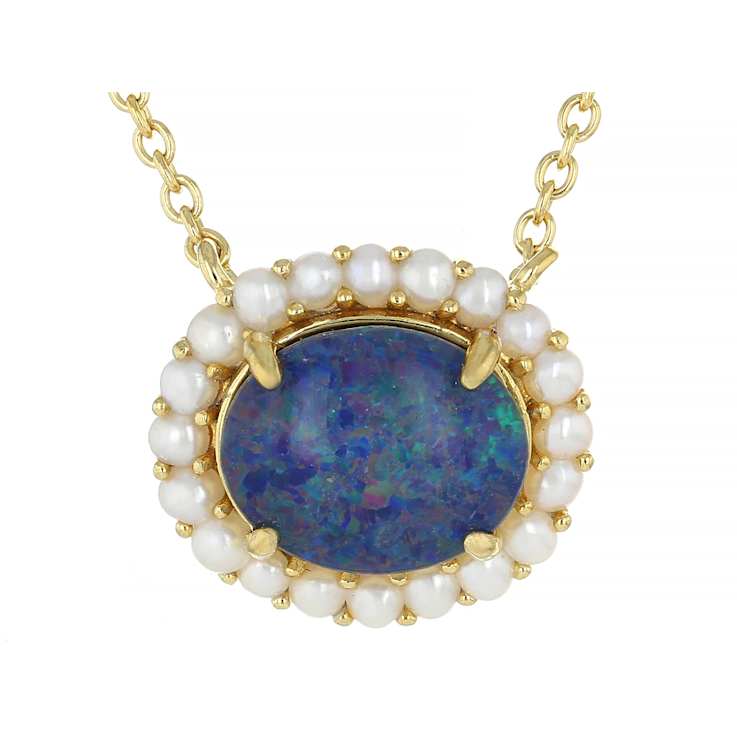 Australian Opal Triplet And Cultured Seed Pearl Station Necklace In 18K
Gold Over Sterling Silver