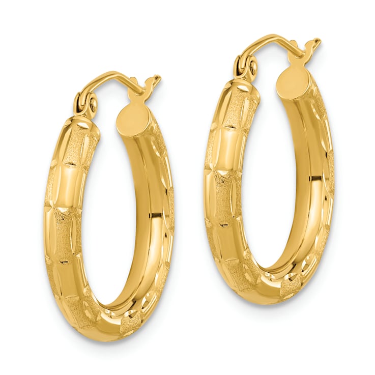14k Yellow Gold 13/16" Polished Satin and Diamond-Cut Hoop Earrings